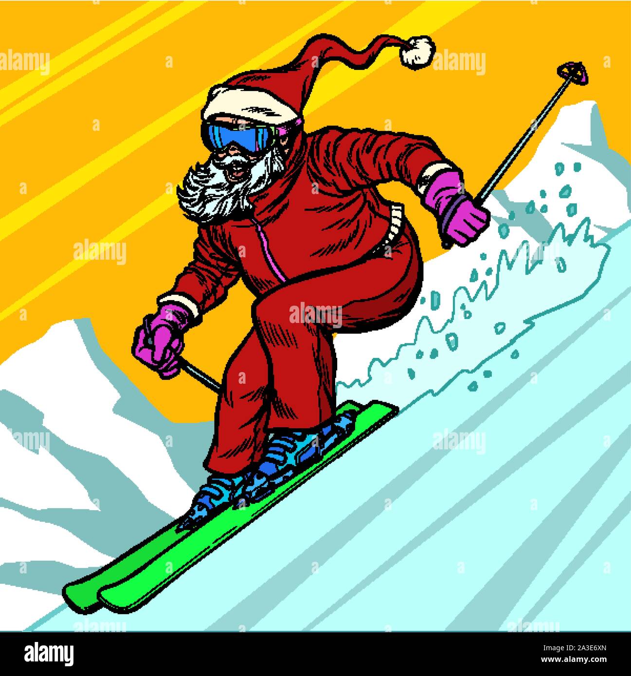 Skier day rides from the mountain Santa Claus character merry Christmas and happy new year. Pop art retro vector illustration vintage kitsch drawing 5 Stock Vector