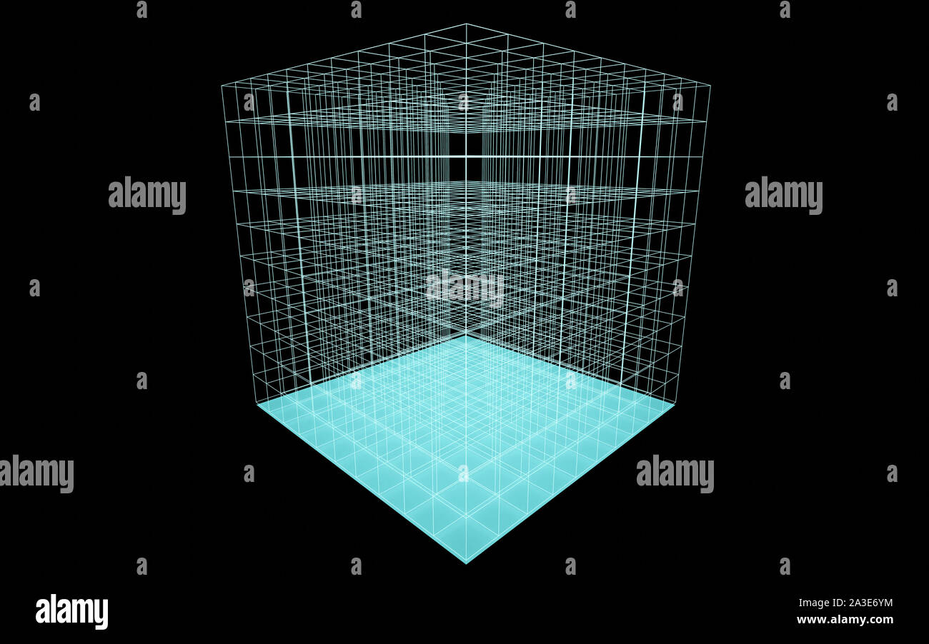 3d abstract abstract futuristic turqouise cube wire frame in dark space ...