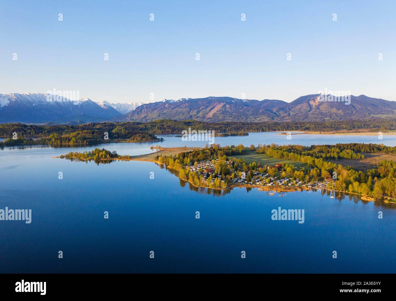 Lake Staffelsee with campsite Aichalehof, aerial view, foothills of the Alps, Upper Bavaria, Bavaria, Germany Stock Photo