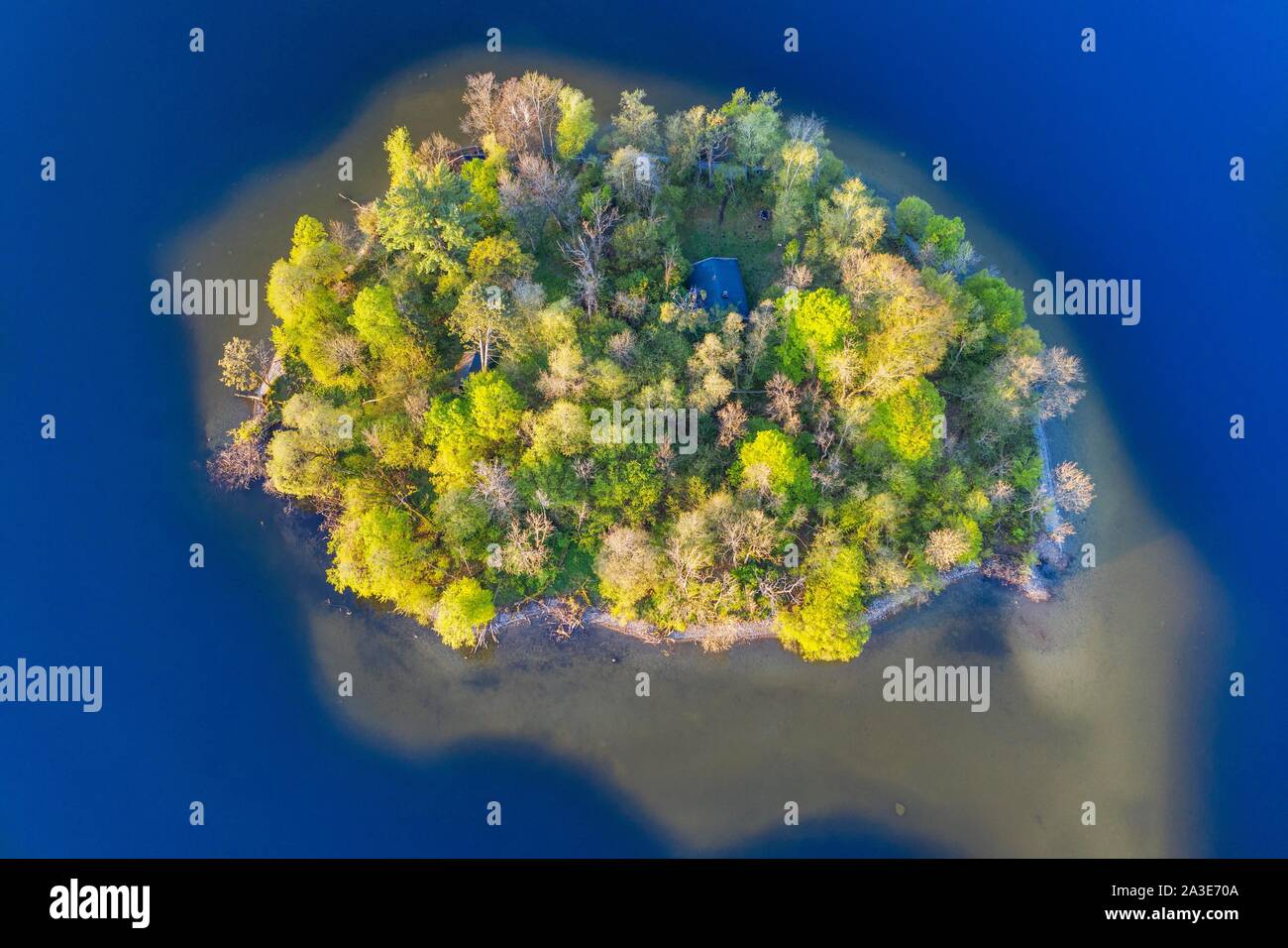 Island Muhlworth in Lake Staffelsee, aerial view, foothills of the Alps, Upper Bavaria, Bavaria, Germany Stock Photo