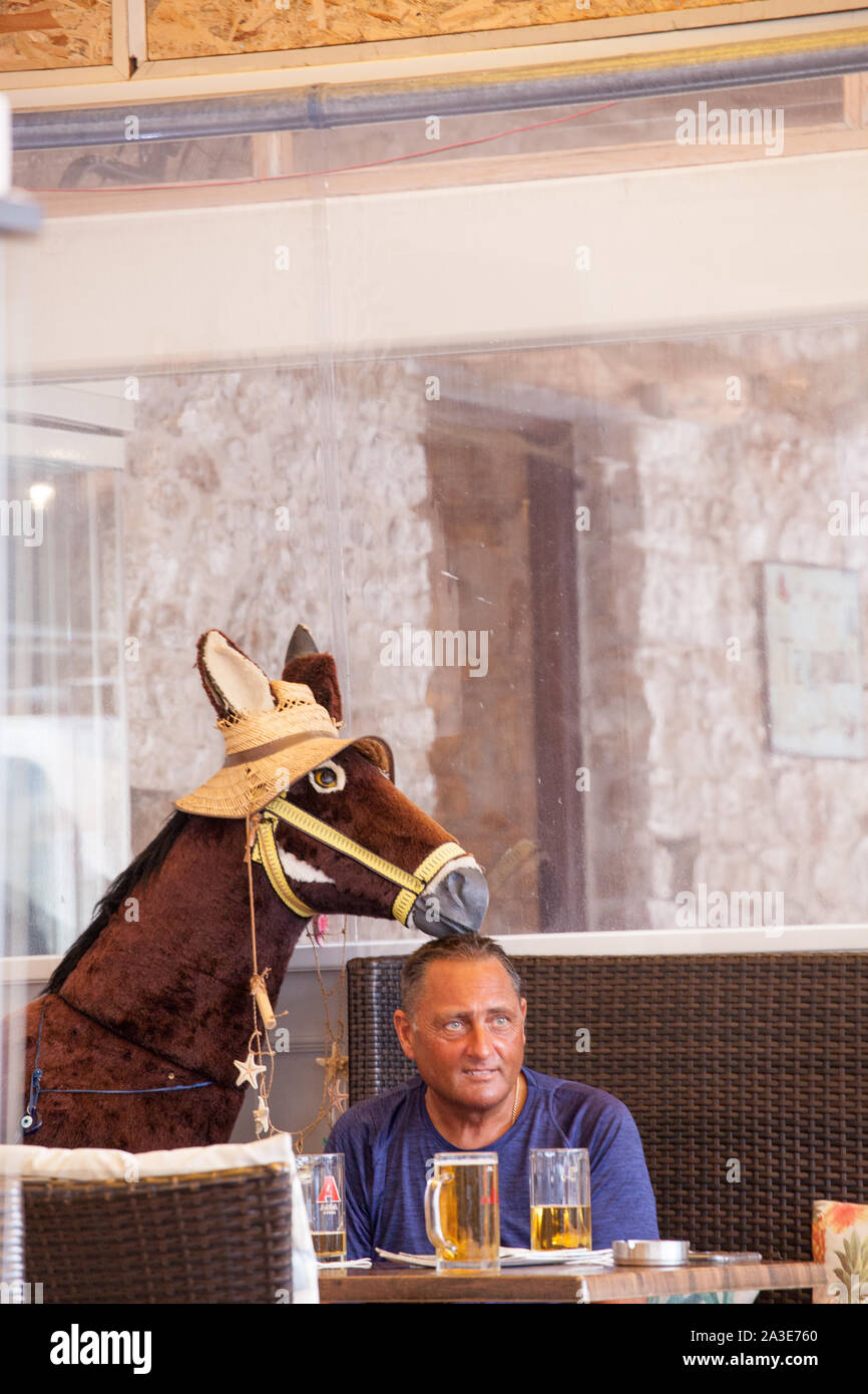 Man sitting drinking at Greek taverna next to a model stuffed donkey in