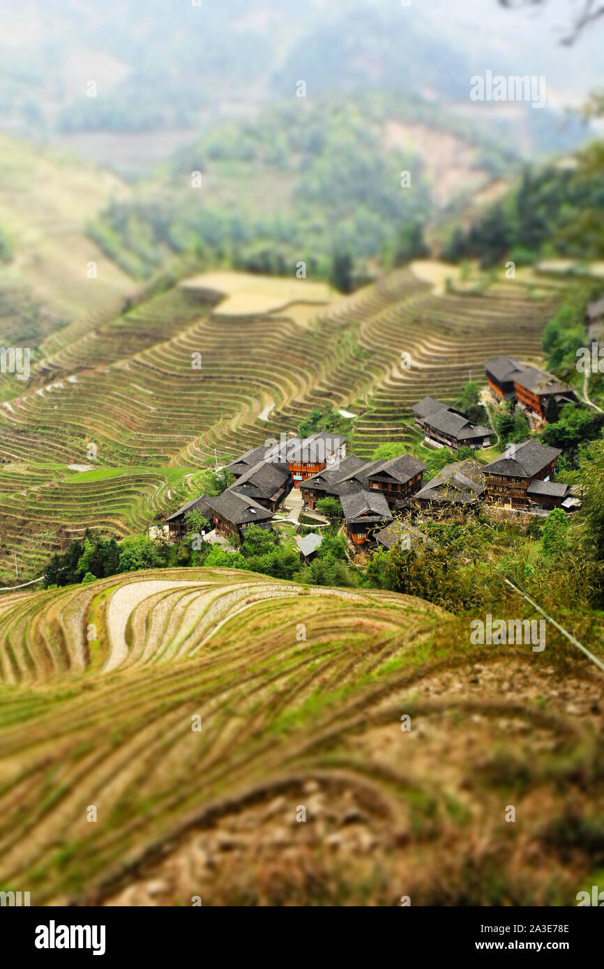 Longshen Rice Terraces and Village Miniature Style Photography Stock Photo