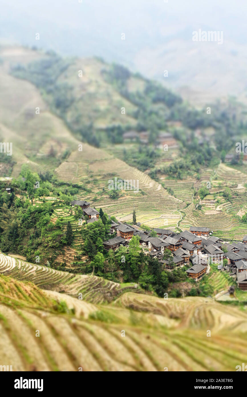 Longshen Rice Terraces and Village Miniature Style Photography Stock Photo
