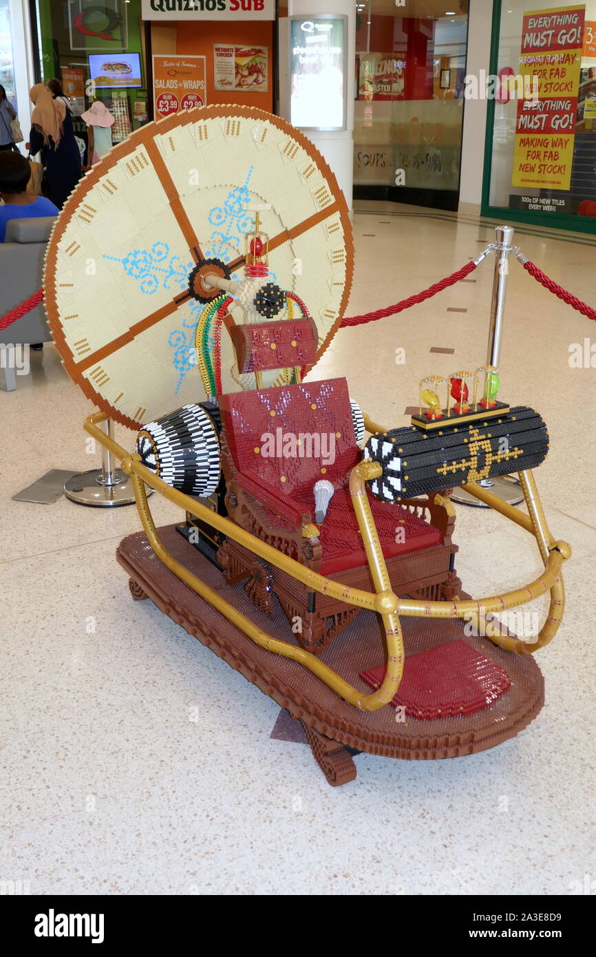 A LEGO time machine from H.G. Wells' novel The Time Machine on display in the Glades Shopping Centre Bromley. Stock Photo