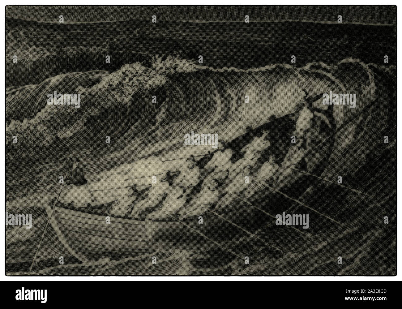 Mr Henry Greathead's Life Boat going out to assist a Ship in distress in 1803. Greathead (1757–1818) was a pioneering rescue lifeboat builder from South Shields who  built 31 boats, which saved very many lives, and succeeded in making the concept of a shore-based rescue lifeboat widely accepted. When in 1789 a ship was stranded on a sandbank and the crew could not be rescued because of storm conditions, so a committee was formed to oversee the design of a boat capable of effecting a rescue in such conditions. Stock Photo