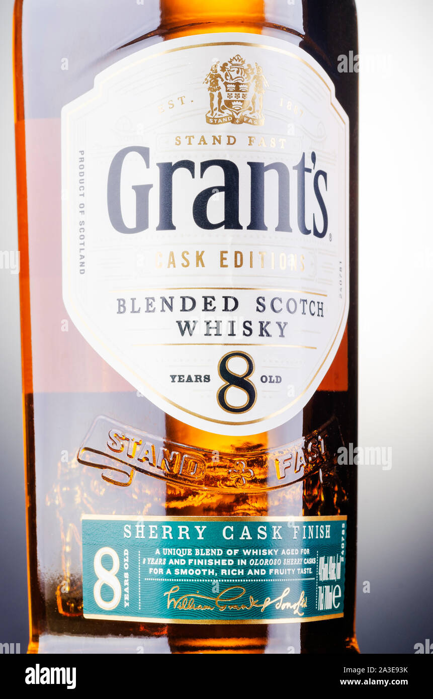 Grants blended whisky on gradient background.  Grants has been produced by William Grants and sons in Scotland since 1887 Stock Photo