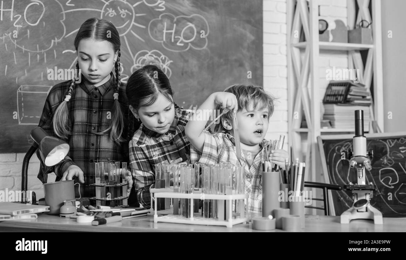 School chemistry laboratory. back to school. Science and education. chemistry lab. happy children. Laboratory Research - Scientific project For Chemical test. With chemistry, we can. Stock Photo