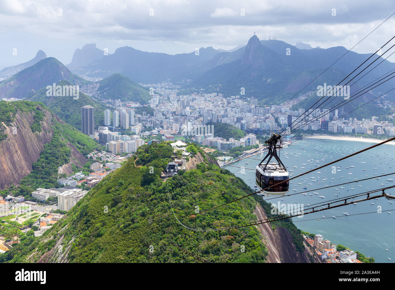 Rio de Janeiro/Brazil - October 20, 2018: Aerial View from the Top of Sugar Loaf Mountain (Pão de Açúcar) and the famous Cable Car (Bondinho). Stock Photo