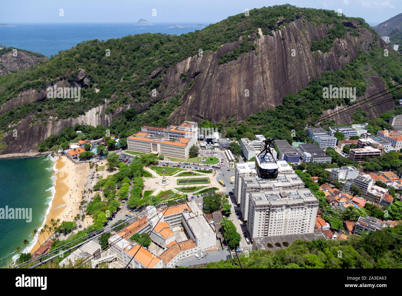 Rio de Janeiro/Brazil - October 20, 2018: Aerial View from the Top of Sugar Loaf Mountain (Pão de Açúcar) and the famous Cable Car (Bondinho). Stock Photo