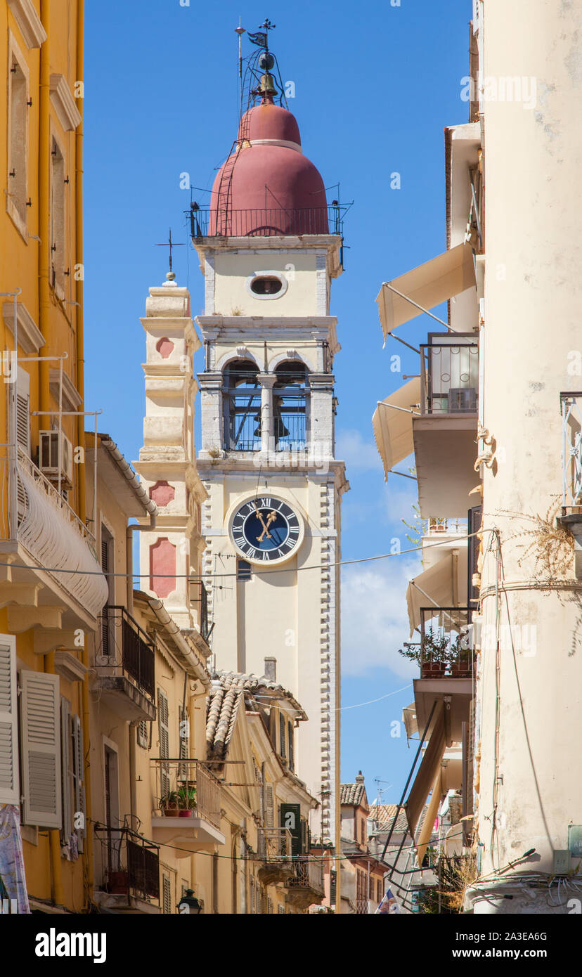 Clock on the tower of the church of St Spyridon Ayios Spyridon on the Island of Corfu Greece Stock Photo