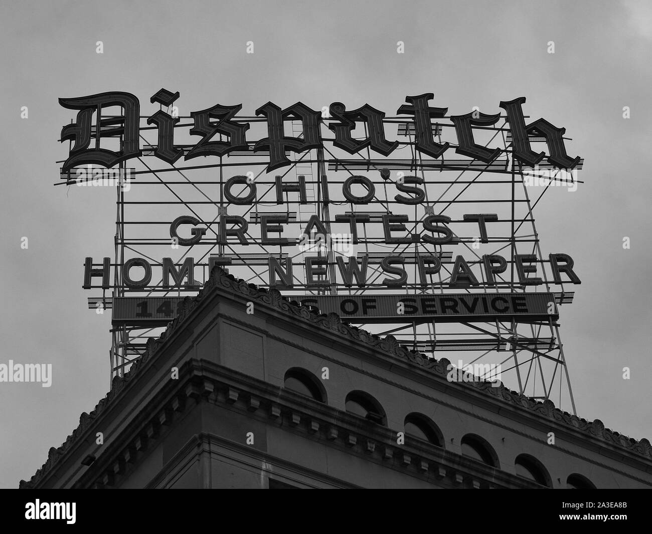 black and white sign atop the old Columbus Dispatch newspaper printing company. Stock Photo