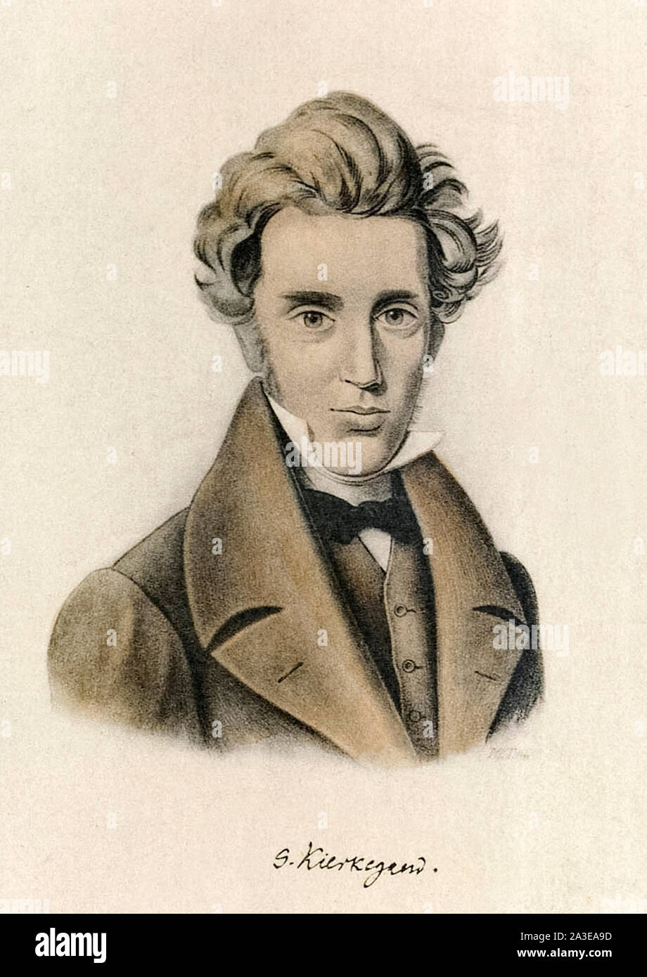 Soren Kierkegaard (1813-1855) influential Danish philosopher and theologian, poet, social critic and religious author.  Photograph of lithograph based on a sketch by Kierkegaard ‘s cousin circa 1840. Stock Photo
