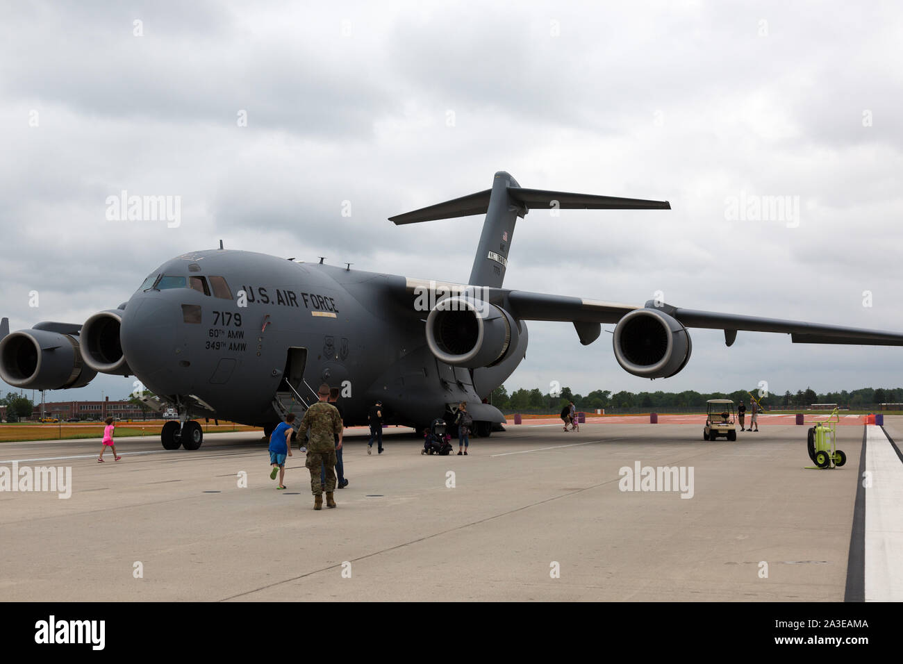 A massive Boeing C-17 Globemaster III cargo plane sits on static display at the Fort Wayne Airshow in Fort Wayne, Indiana, USA. Stock Photo