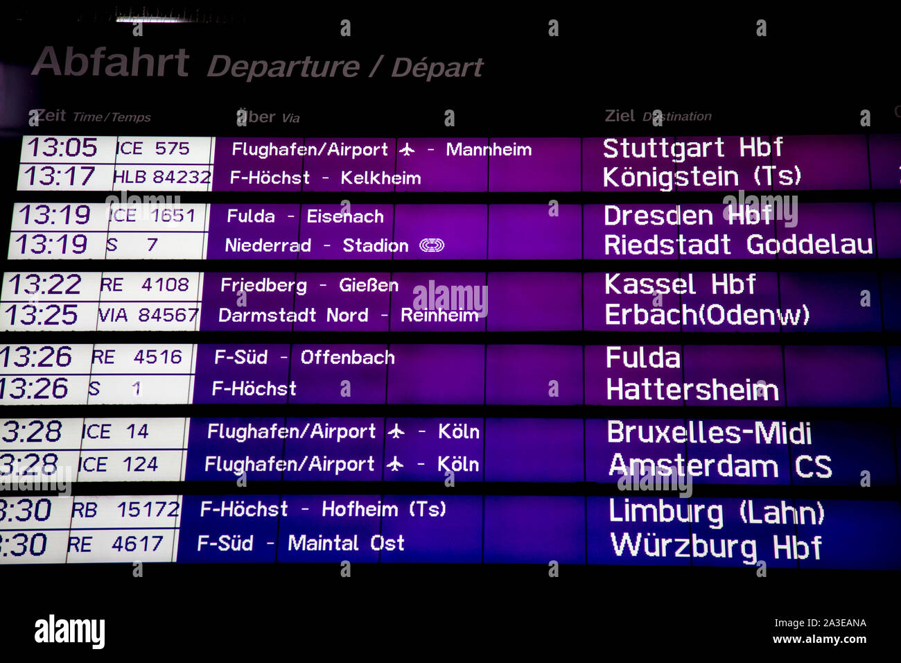 Sign showing train timetables at the Hauptbahnhof (train station) in