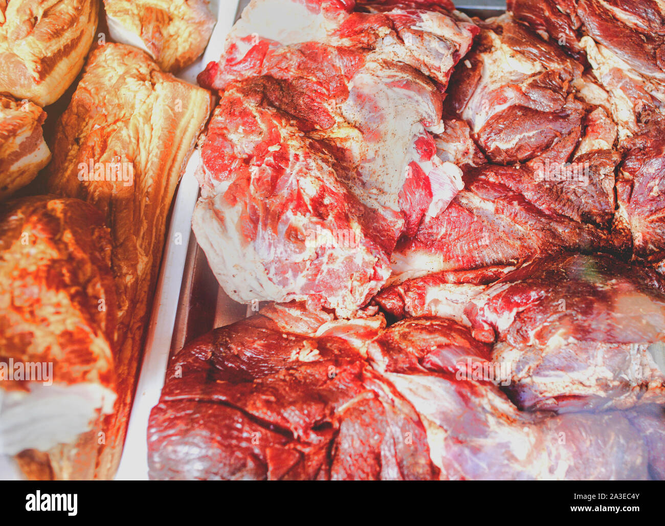 Raw meat close up. Store display. Butcher display.Beef Slice,Beef Brisket,chadolbagi, beef, brisket . Image taken at market , concept of selling fresh Stock Photo