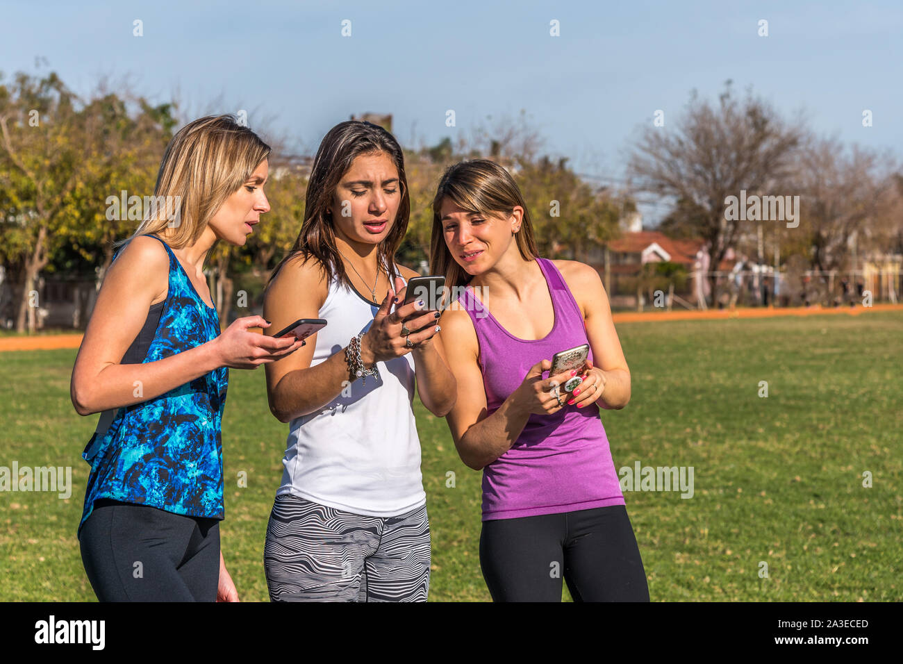 Happy friends in the park on a sunny day . Lifestyle portrait of three women friends enjoy nice day with their smartphones. Stock Photo