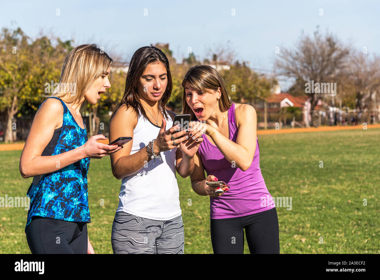 Happy friends in the park on a sunny day . Lifestyle portrait of three women friends enjoy nice day with their smartphones. Stock Photo