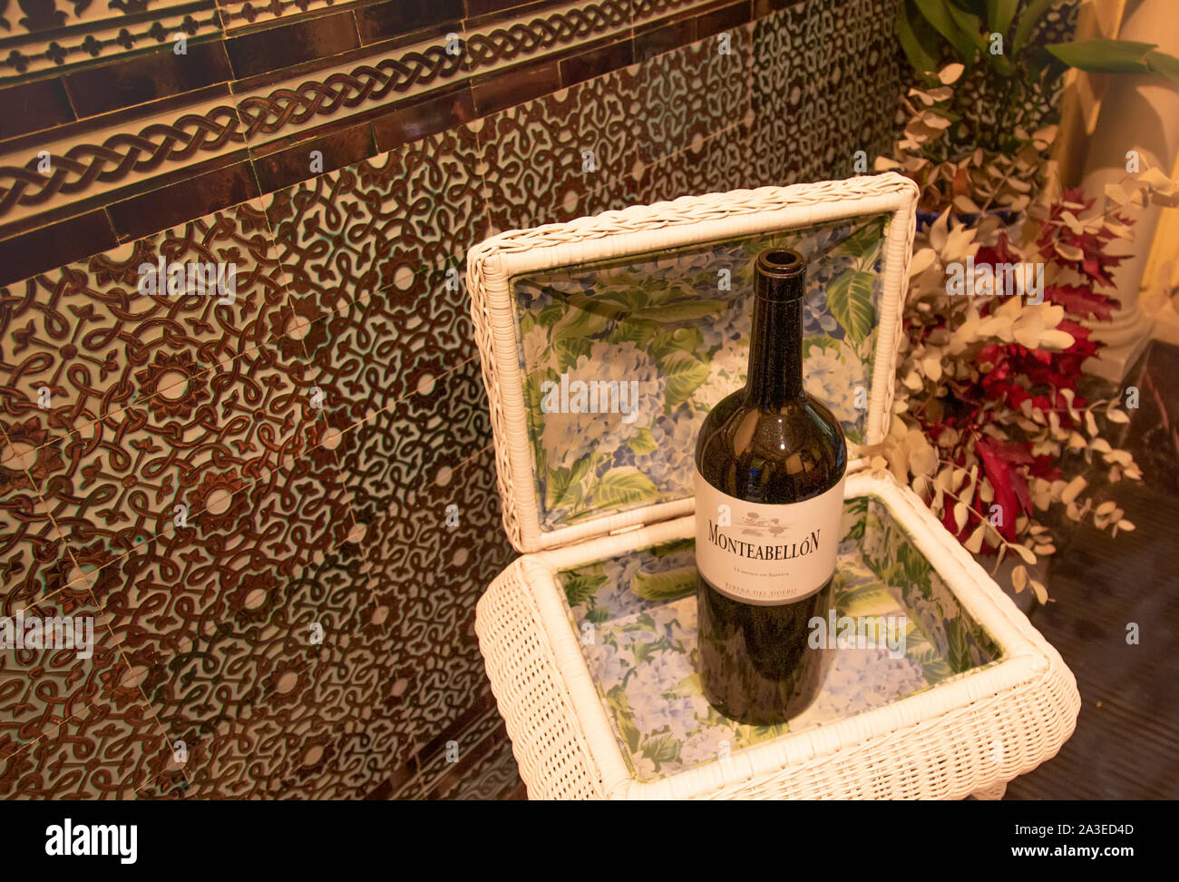 Cordoba, Spain-23 September, 2019: Bottle of Spanish Wine on the display in historic city center of Cordoba, Andalucia Stock Photo