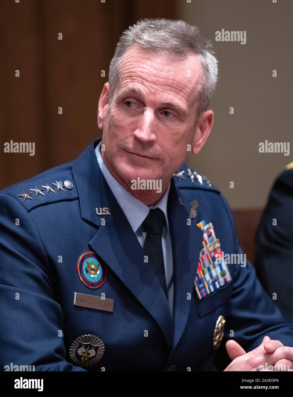 United States Air Force General Terrence John O'Shaughnessy, commander of the US Northern Command and commander of the North American Aerospace Defense Command, participates in a briefing with US President Donald J. Trump and senior military leaders in the Cabinet Room of the White House in Washington, DC on Monday, October 7, 2019.Credit: Ron Sachs/Pool via CNP | usage worldwide Stock Photo