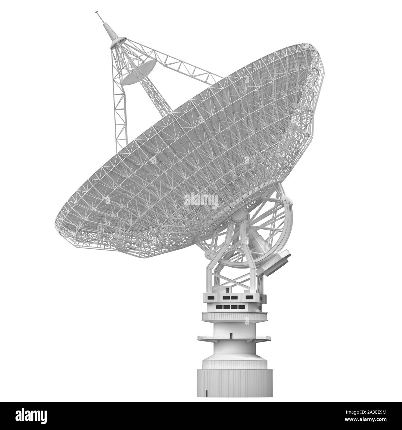 Huge satellite antenna dish for communication and signal reception out of the planet Earth. 3D illustration over white with clipping path included. Stock Photo