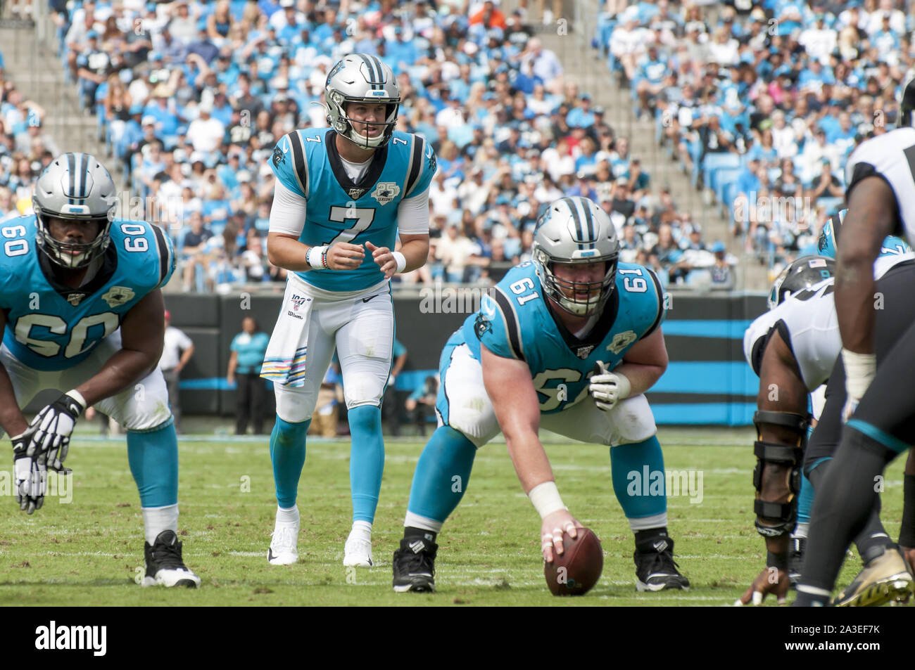 Charlotte, North Carolina, USA. 6th Oct, 2019. Carolina Panthers quarterback, Kyle Allen (7), waits for the snap during the first half of an NFL game between the Jacksonville Jaguars and the Carolina Panthers in Charlotte, NC, on October 6, 2019. Credit: Spencer Lee/ZUMA Wire/Alamy Live News Stock Photo