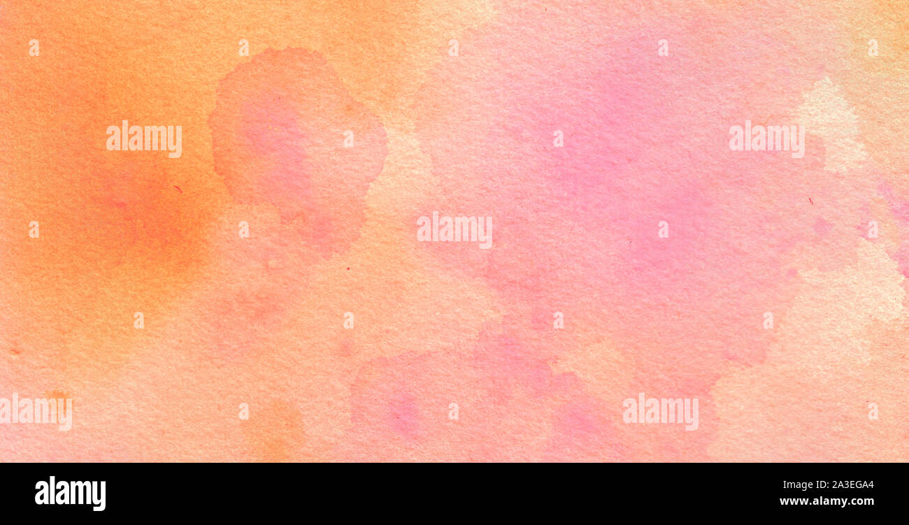 Pink and orange watercolor background with paper texture, soft pastel blotches in artsy painting illustration with fringe bleed designs Stock Photo