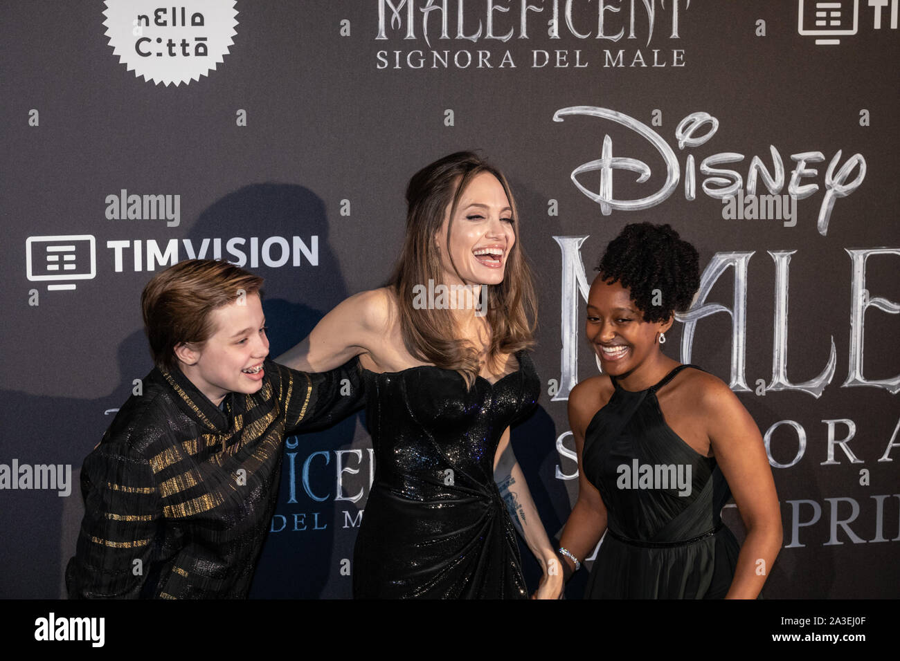 Rome, Italy. 07th Oct, 2019. Shiloh Nouvel Jolie-Pitt, Angelina Jolie and Zahara Marley Jolie-Pitt attend the European premiere of the movie 'Maleficent - Mistress Of Evil' at Auditorium della Conciliazione in Rome. Credit: SOPA Images Limited/Alamy Live News Stock Photo