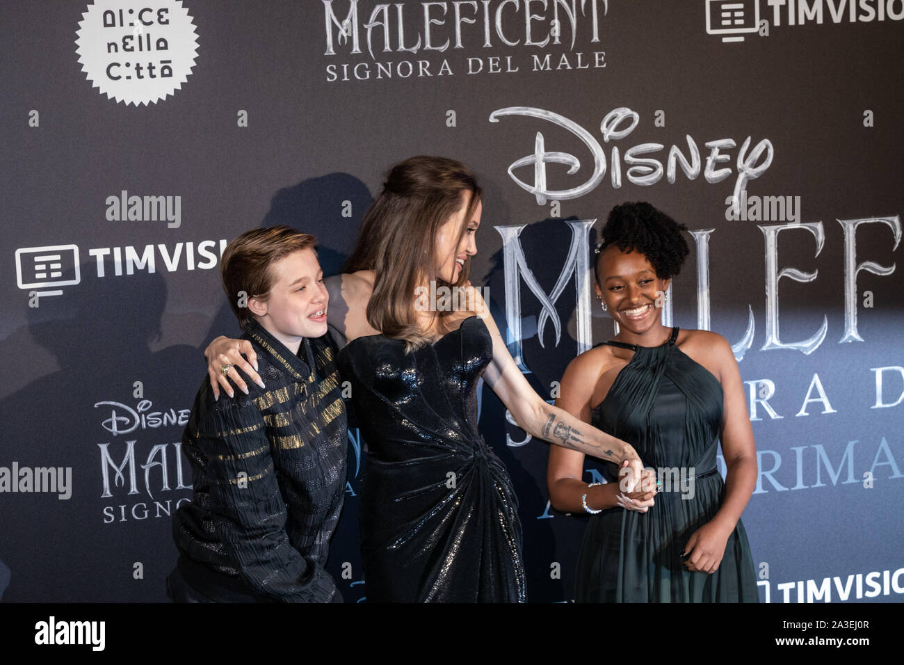 Rome, Italy. 07th Oct, 2019. Shiloh Nouvel Jolie-Pitt, Angelina Jolie and Zahara Marley Jolie-Pitt attend the European premiere of the movie 'Maleficent - Mistress Of Evil' at Auditorium della Conciliazione in Rome. Credit: SOPA Images Limited/Alamy Live News Stock Photo