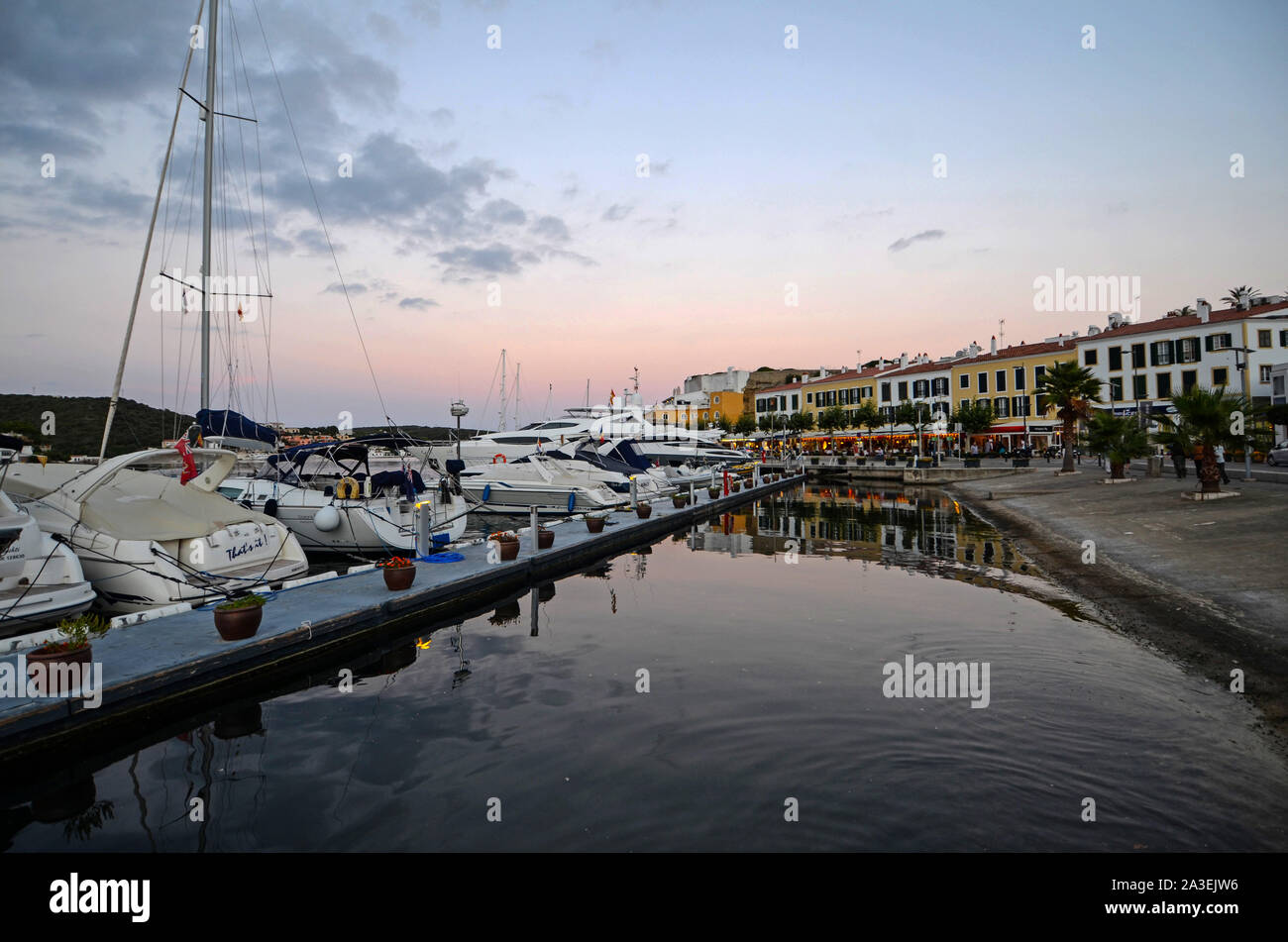 Sunset in Port of Mahon, second largest natural port in Europe. Stock Photo