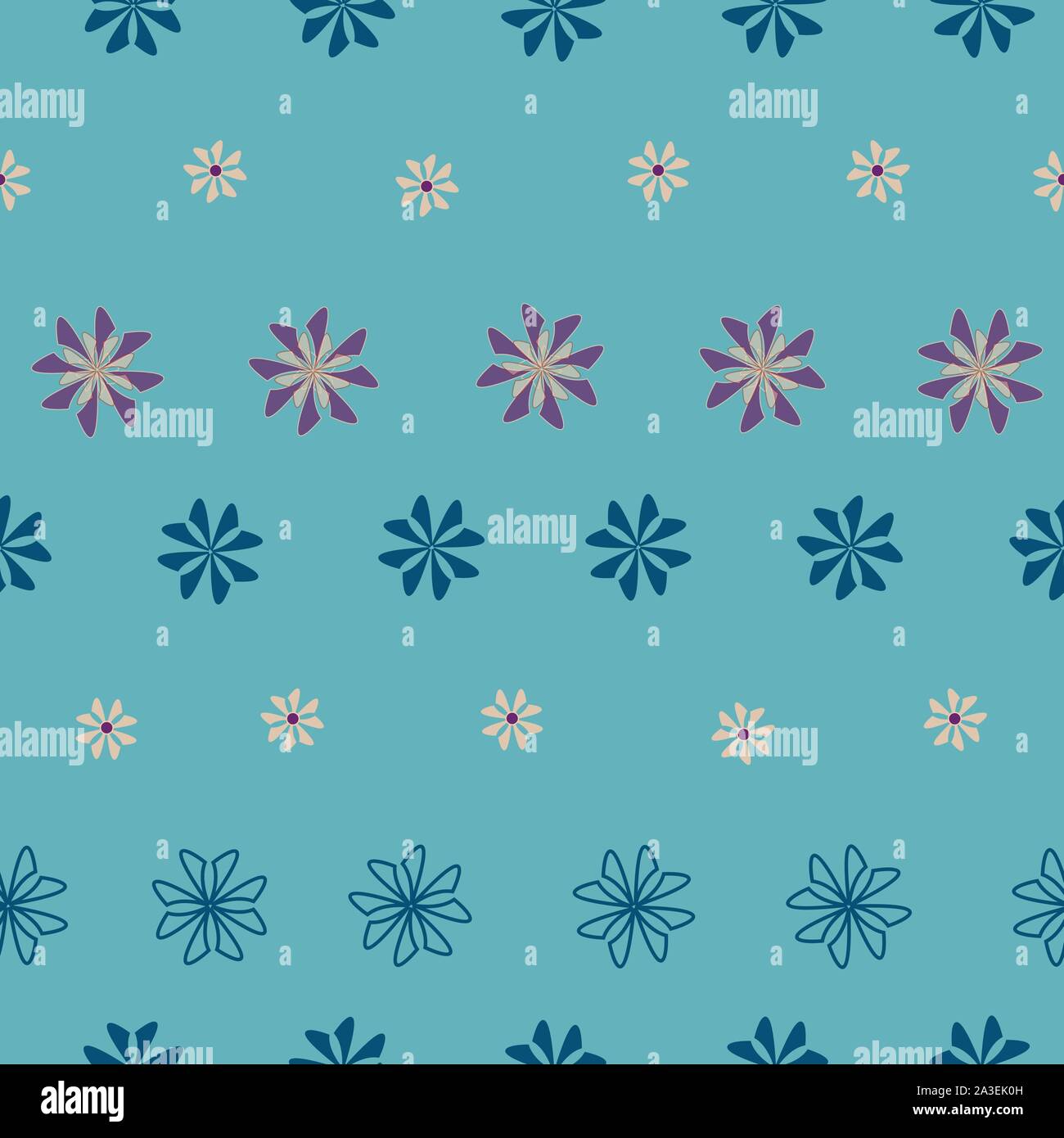Stripes of flowers on blue background, seamless vector repeat surface pattern design Stock Vector