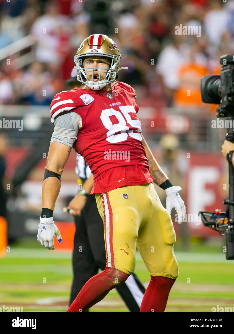 Santa Clara, CA. 7th Oct, 2019. San Francisco 49ers tight end George Kittle  (85) celebrates a touchdown during the NFL football game between the  Cleveland Browns and the San Francisco 49ers at