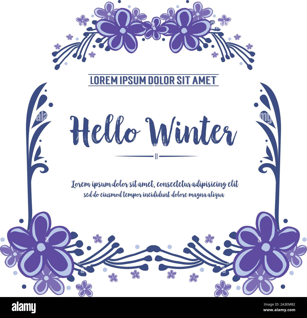 Wallpaper of card hello winter, with design drawing of purple wreath frame. Vector Stock Vector