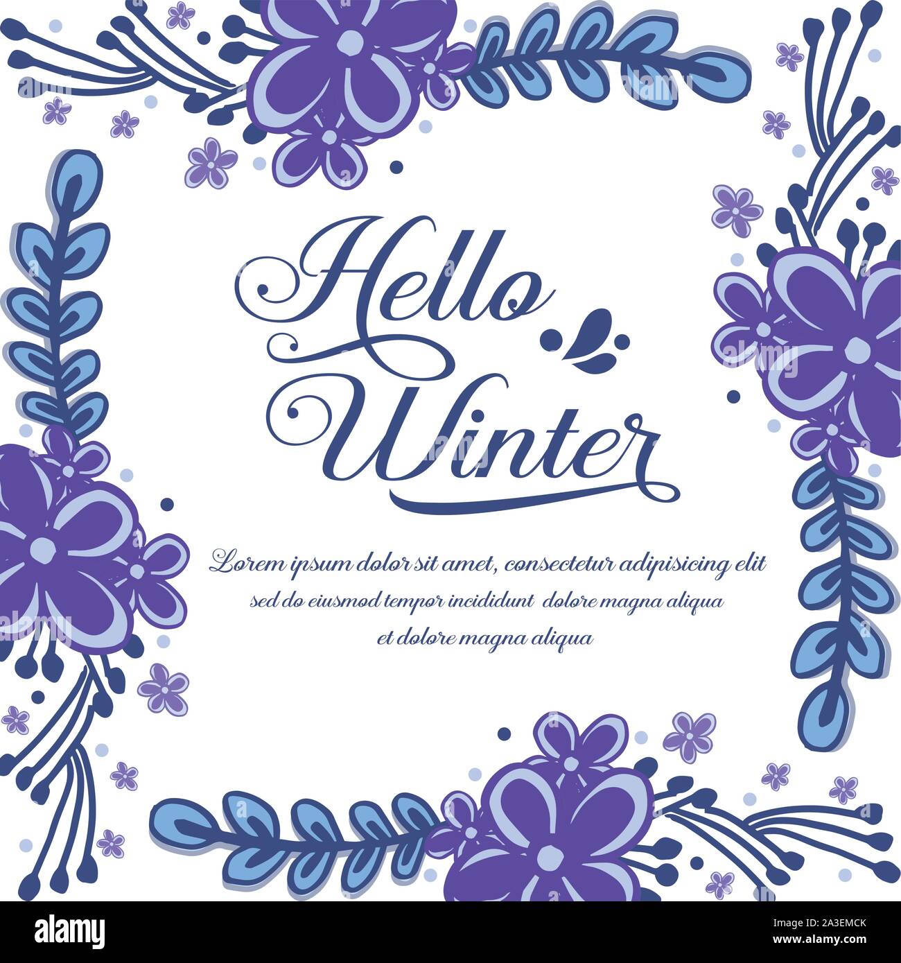 Wallpaper of card hello winter, with design drawing of purple wreath frame. Vector Stock Vector