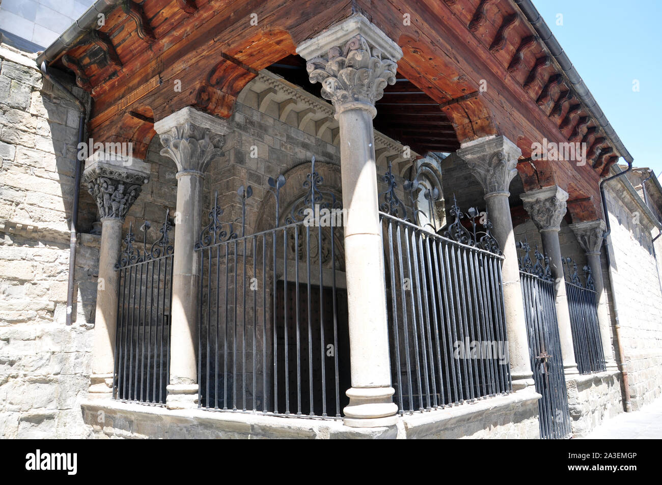 Detail of the ancient entrance in Jaca Cathedral Stock Photo