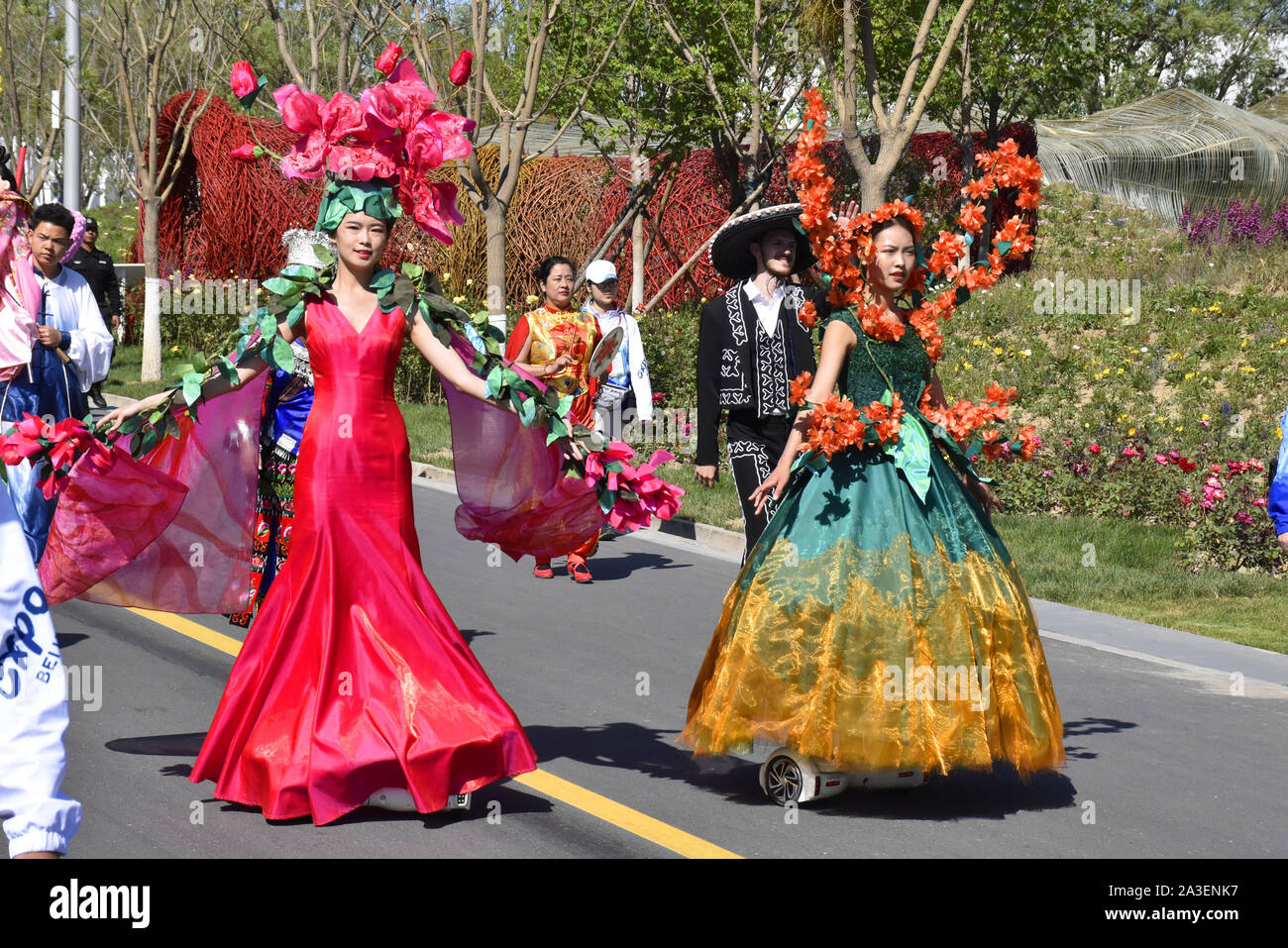 Beijing, Beijing, China. 8th Oct, 2019. Beijing  float parade at the Beijing World Horticultural Expo in 2019. It is reported that the float parade is a regular performance held every day in the park, which will perform 180 performances along the special route of the park, with fresh flowers and three-dimensional green carvings as creative elements, 10 ''ecological floats'' 10 meters long, 5 meters wide and 7 meters high, with 10 groups of performance activities. Credit: ZUMA Press, Inc./Alamy Live News Stock Photo
