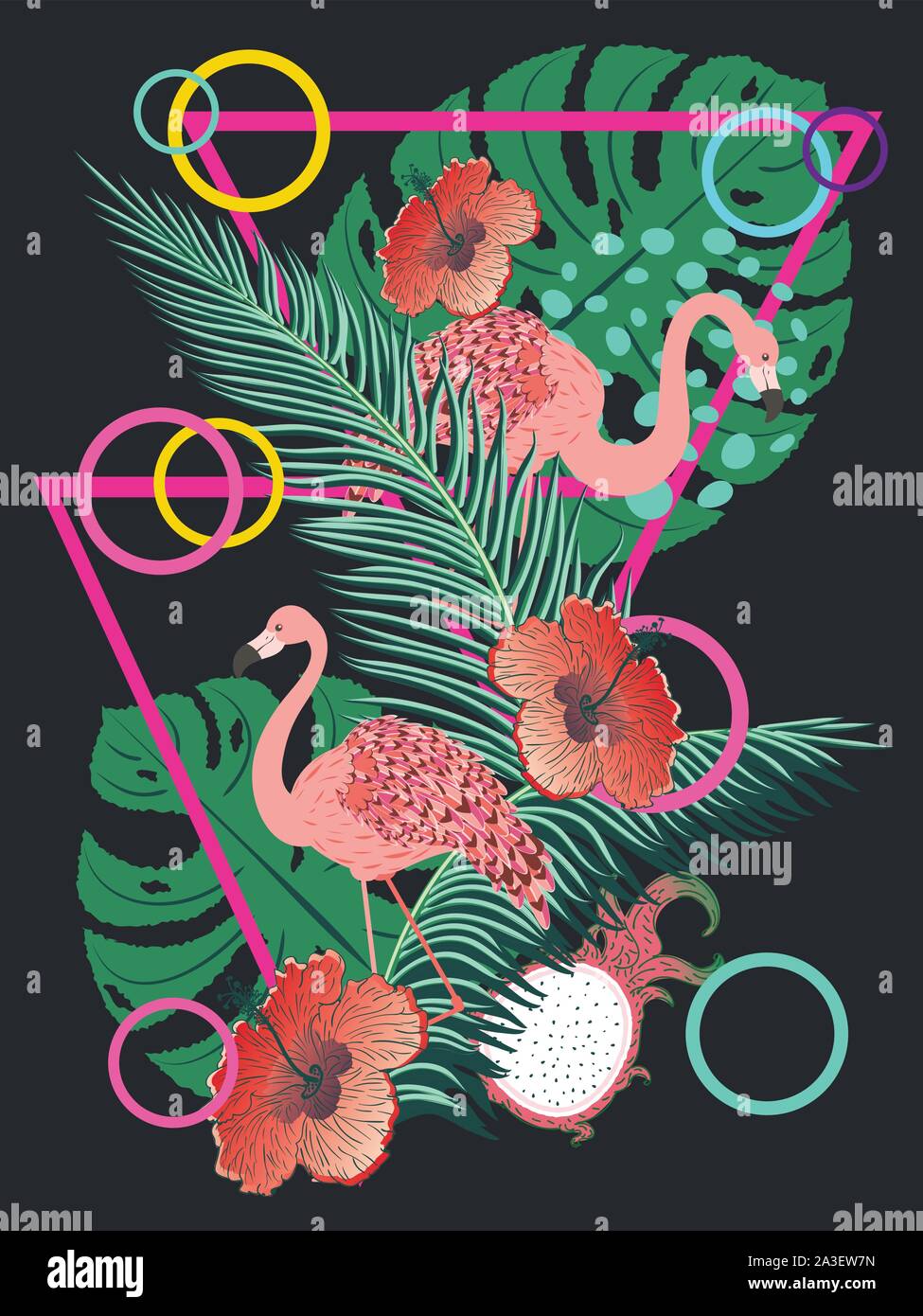 Cute cartoon pink flamingo with tropical leaves and fruits design ...
