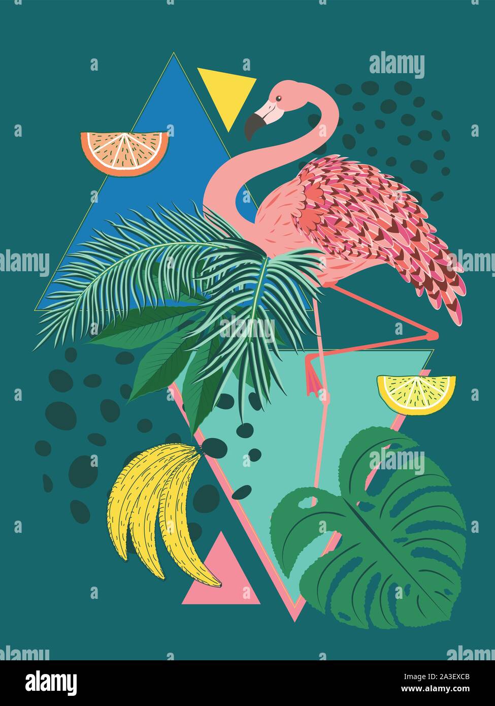 Cute cartoon pink flamingo with tropical leaves and fruits design ...