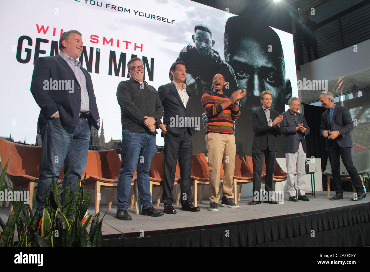 Guy Williams, Bill Westenhofer, Clive Owen, Will Smith, Jerry Bruckheimer, Ang Lee  10/04/2019 'Gemini Man' Press Conference held at the YouTube Space in Los Angeles, CA Photo by Izumi Hasegawa / HollywoodNewsWire.co Stock Photo