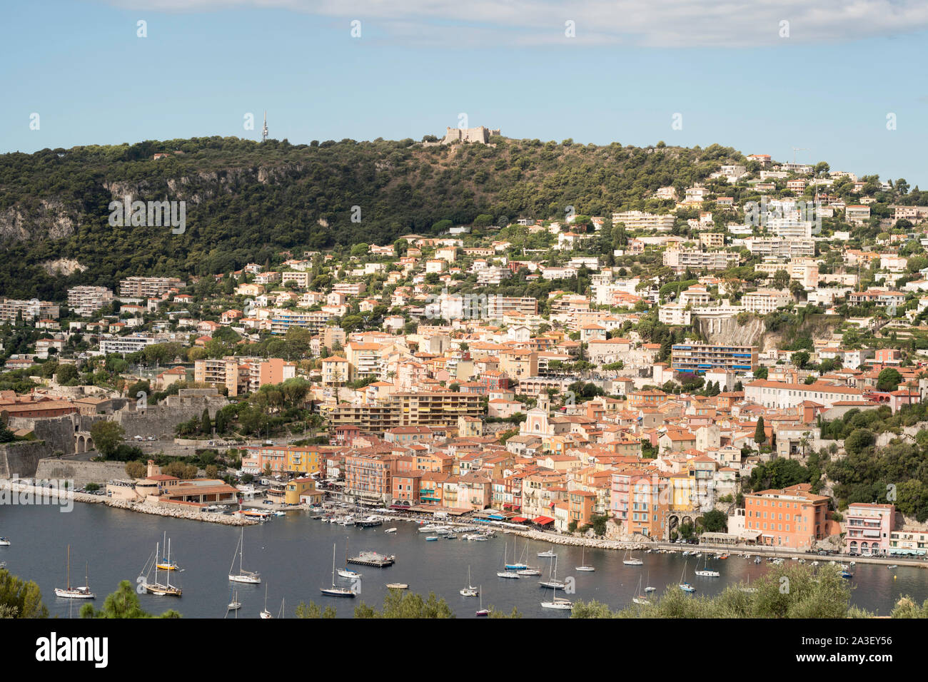 The town of  Villefranche sur Mer with the Fort du Mont Alban above, France, Europe Stock Photo