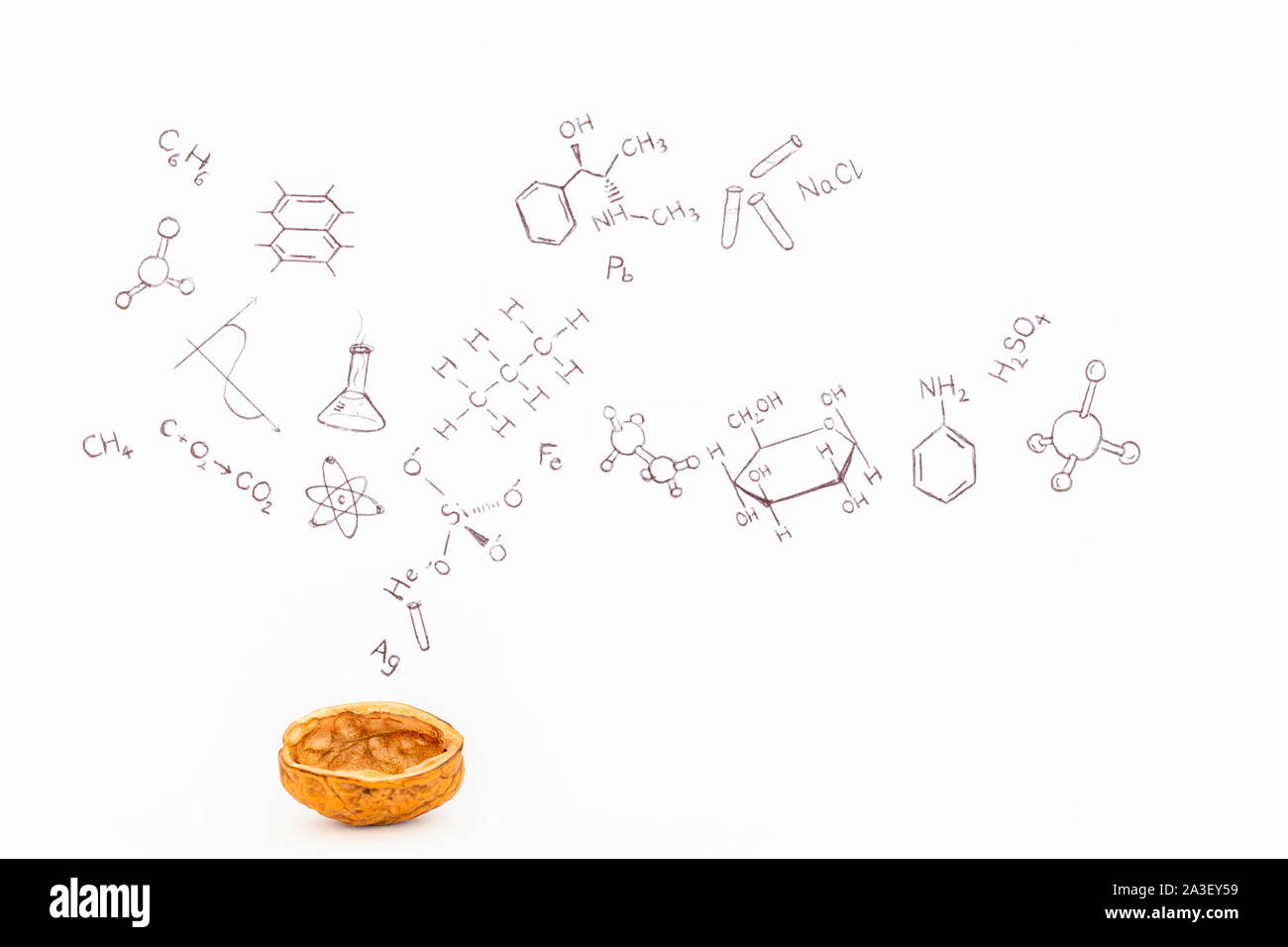 Concept of the phrase chemistry in a nutshell. Chemical formulas and symbols drawn on white paper with walnuts Stock Photo