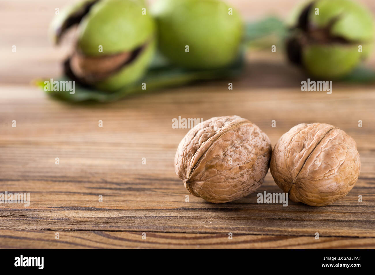 Two fresh ripe walnuts on the wooden background. Harvest Of Walnuts In A Green Shell. Autumn concept.Selective focus.Horizontal. Stock Photo