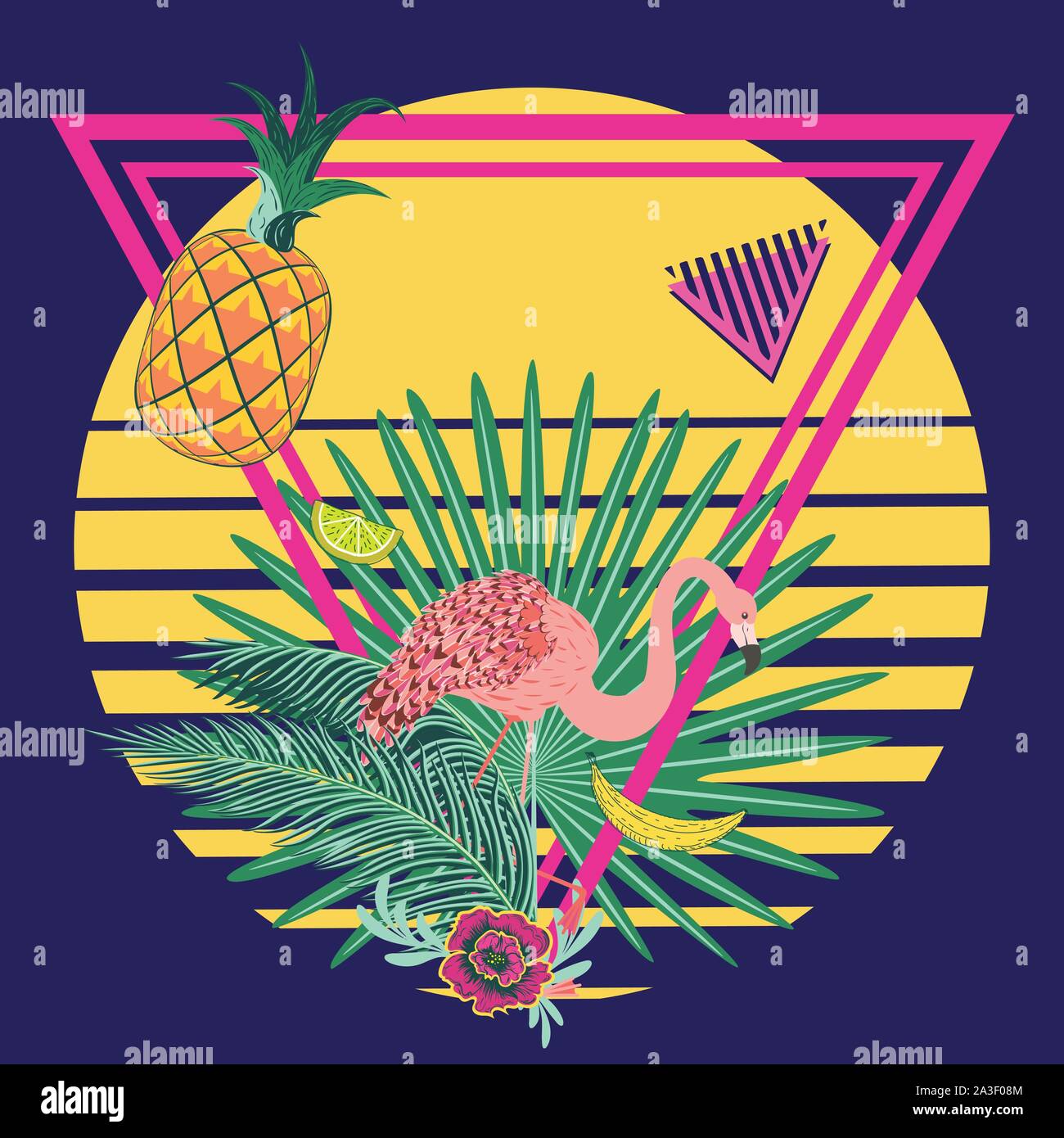 Cute cartoon pink flamingo with tropical leaves and fruits design ...