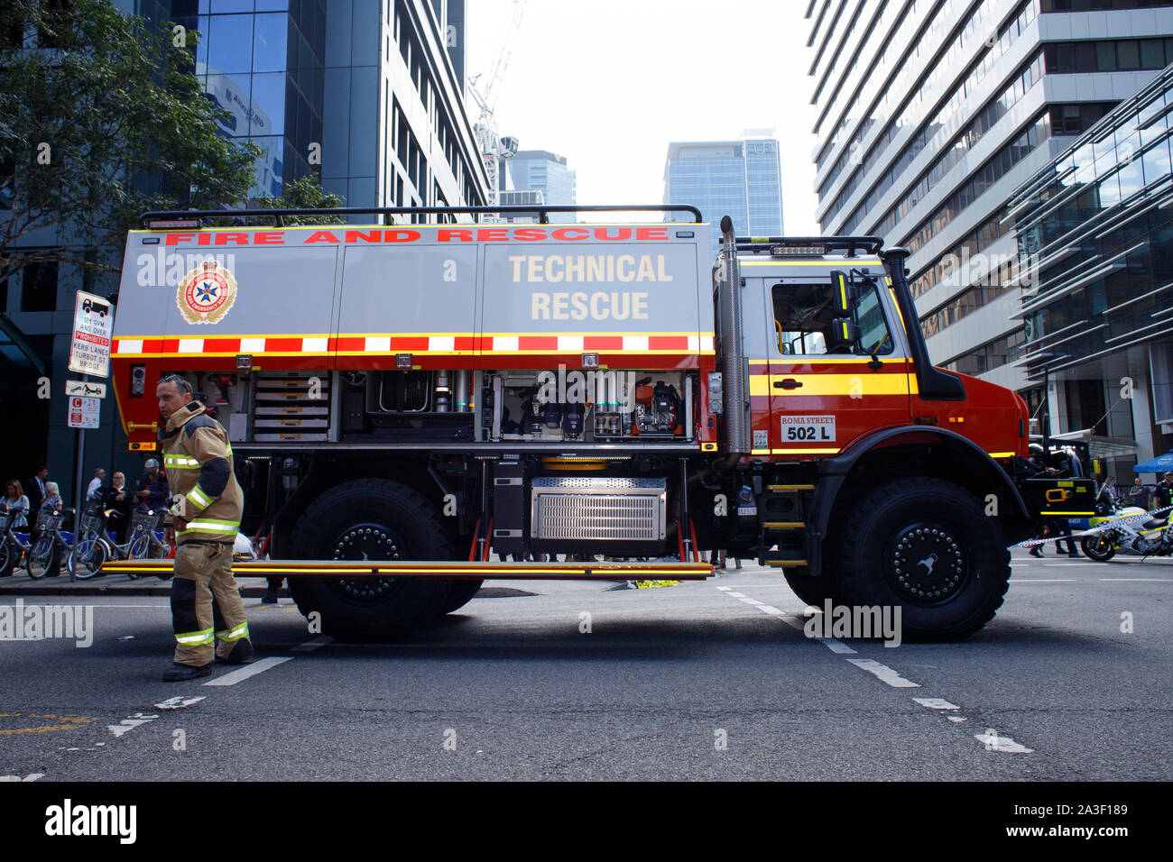 Queensland Fire And Rescue Technical Vehicle At The Scene Of Several Extinction Rebellion Protest Activities On George Street During The Second Day Of The Rebellion Week Protest Climate Change Activism Group Extinction Rebellion