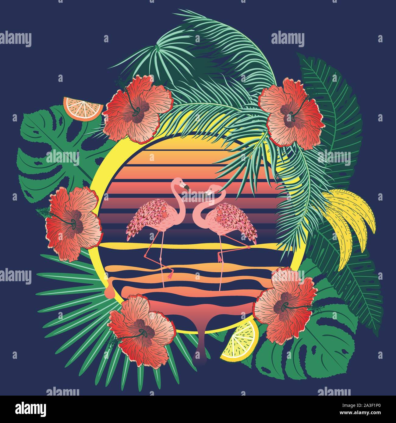 Cute cartoon pink flamingo with tropical leaves and fruits design ...