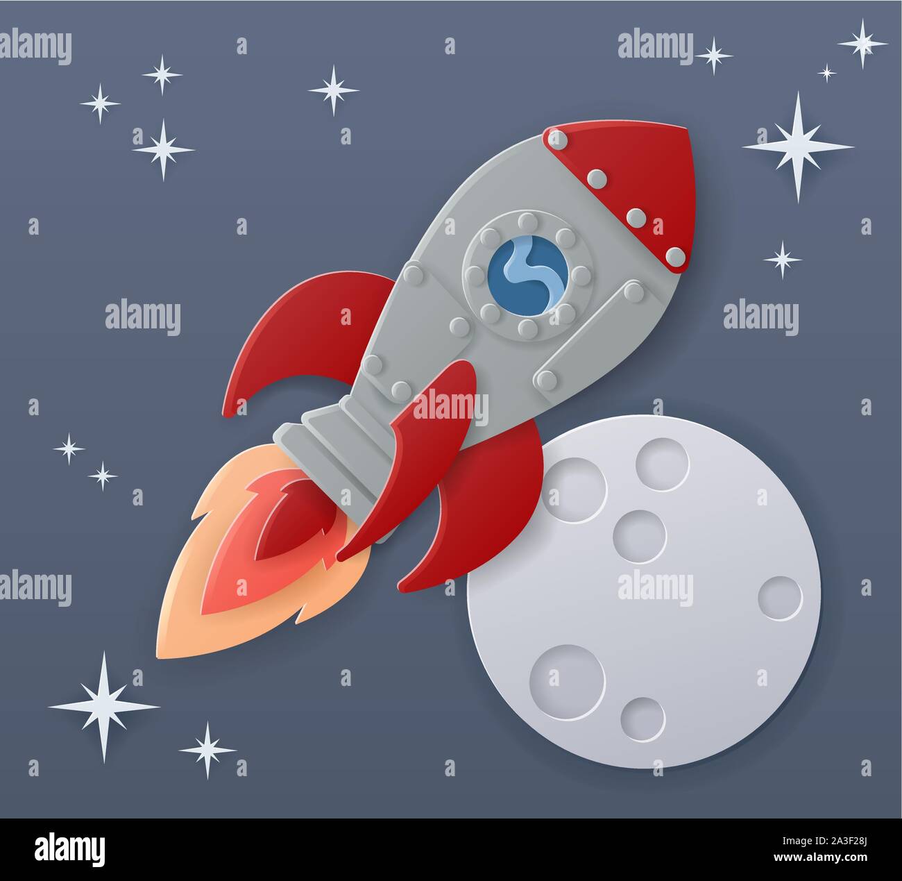 Space Rocket Ship Cartoon Paper Craft Moon Scene Stock Vector