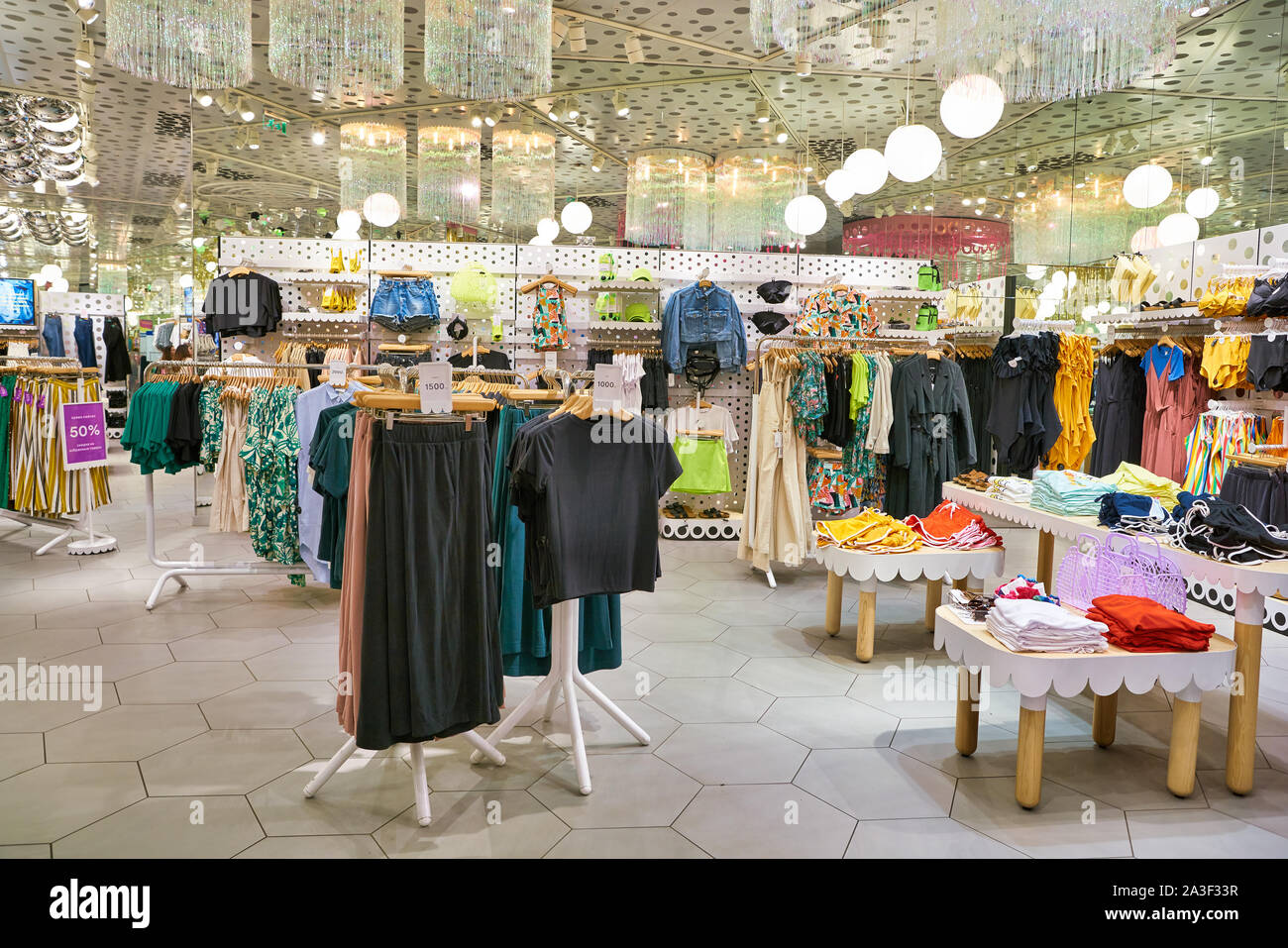 MOSCOW, RUSSIA - CIRCA MAY, 2019: interior shot of Monki store in Moscow. Stock Photo