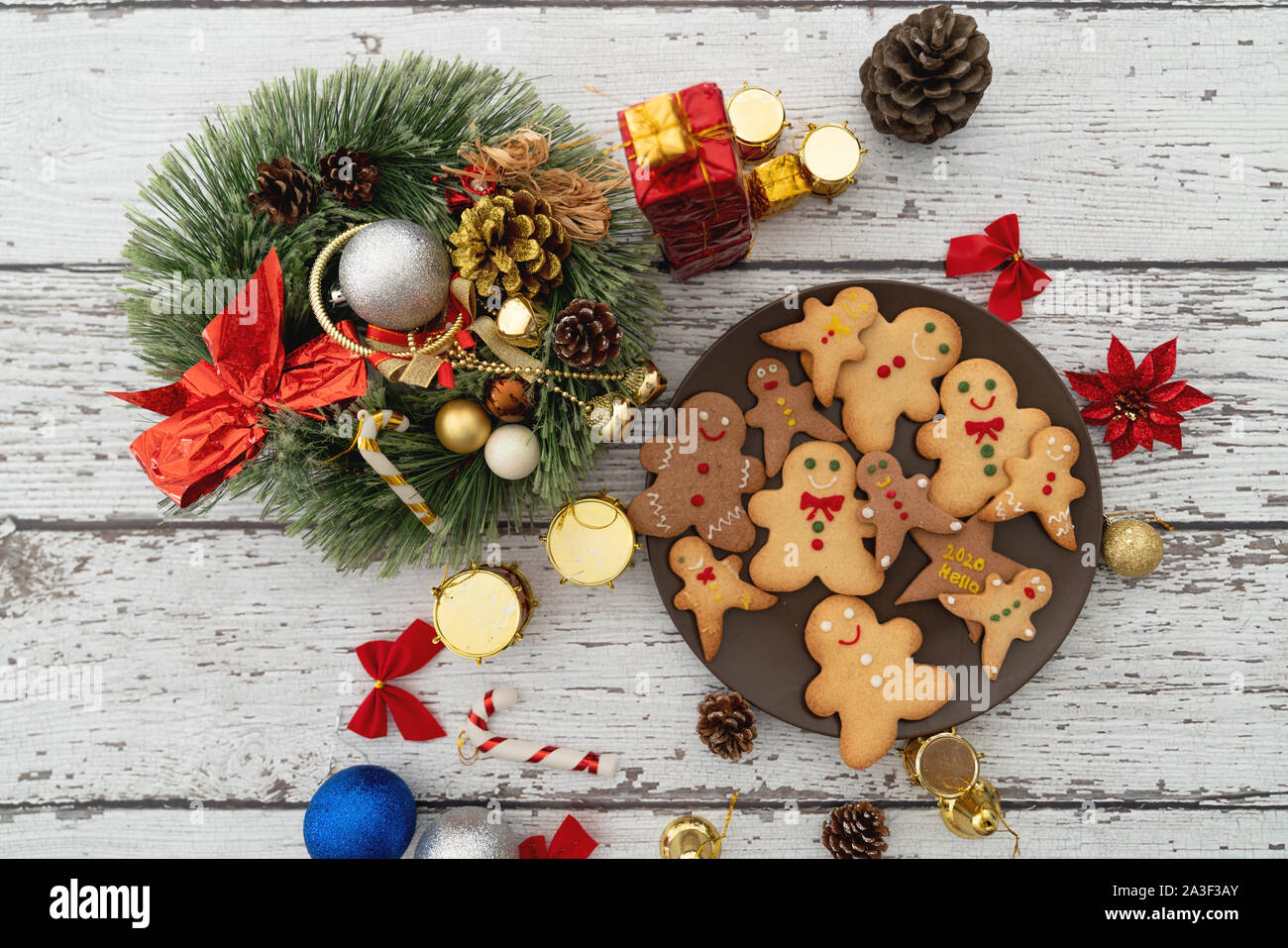 Serving traditional gingerbread cookies with ornaments for christmas celebration. Stock Photo