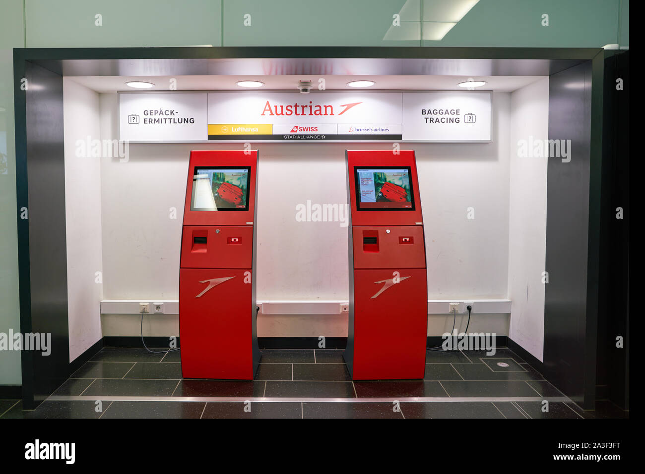 VIENNA, AUSTRIA - CIRCA MAY, 2019: self-service kiosks for baggage tracing  at Vienna International Airport Stock Photo - Alamy