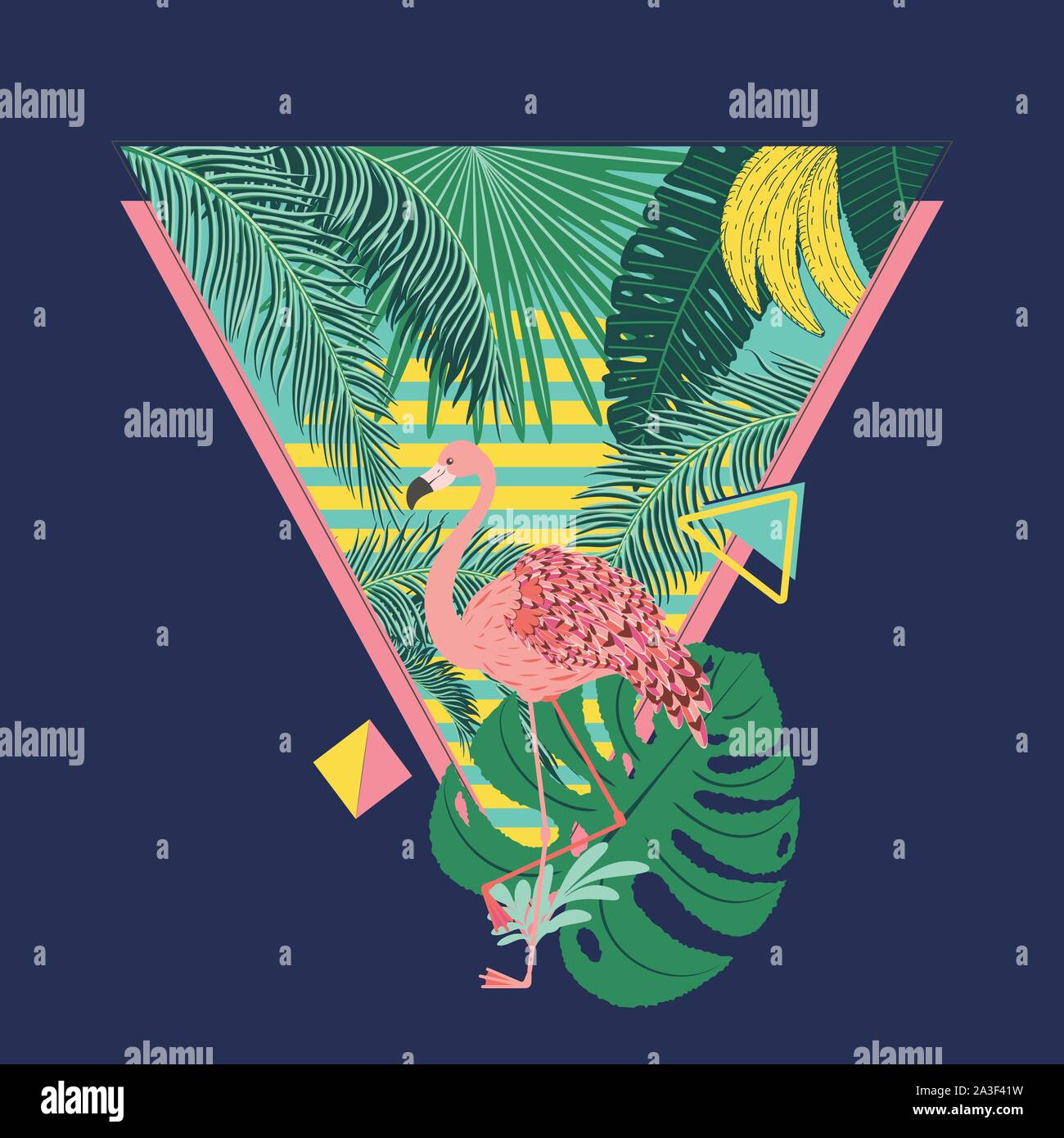 Cute cartoon pink flamingo with tropical leaves and fruits design ...
