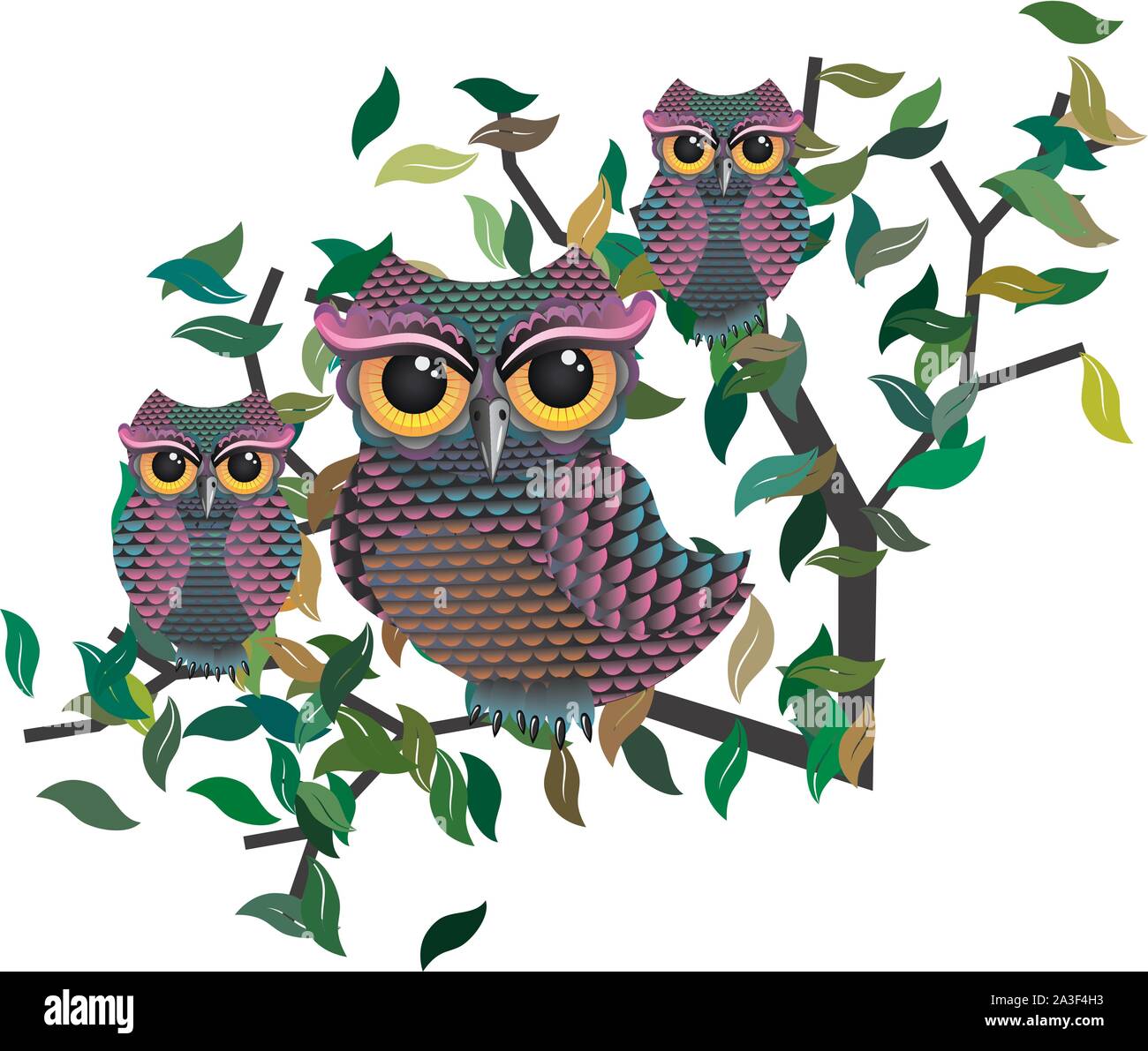 Mother owl and two baby owls sitting on a tree branch Stock Vector ...